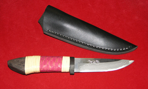 Нож "Карп" (дамаск, рук.ратанг, бел.кож.)